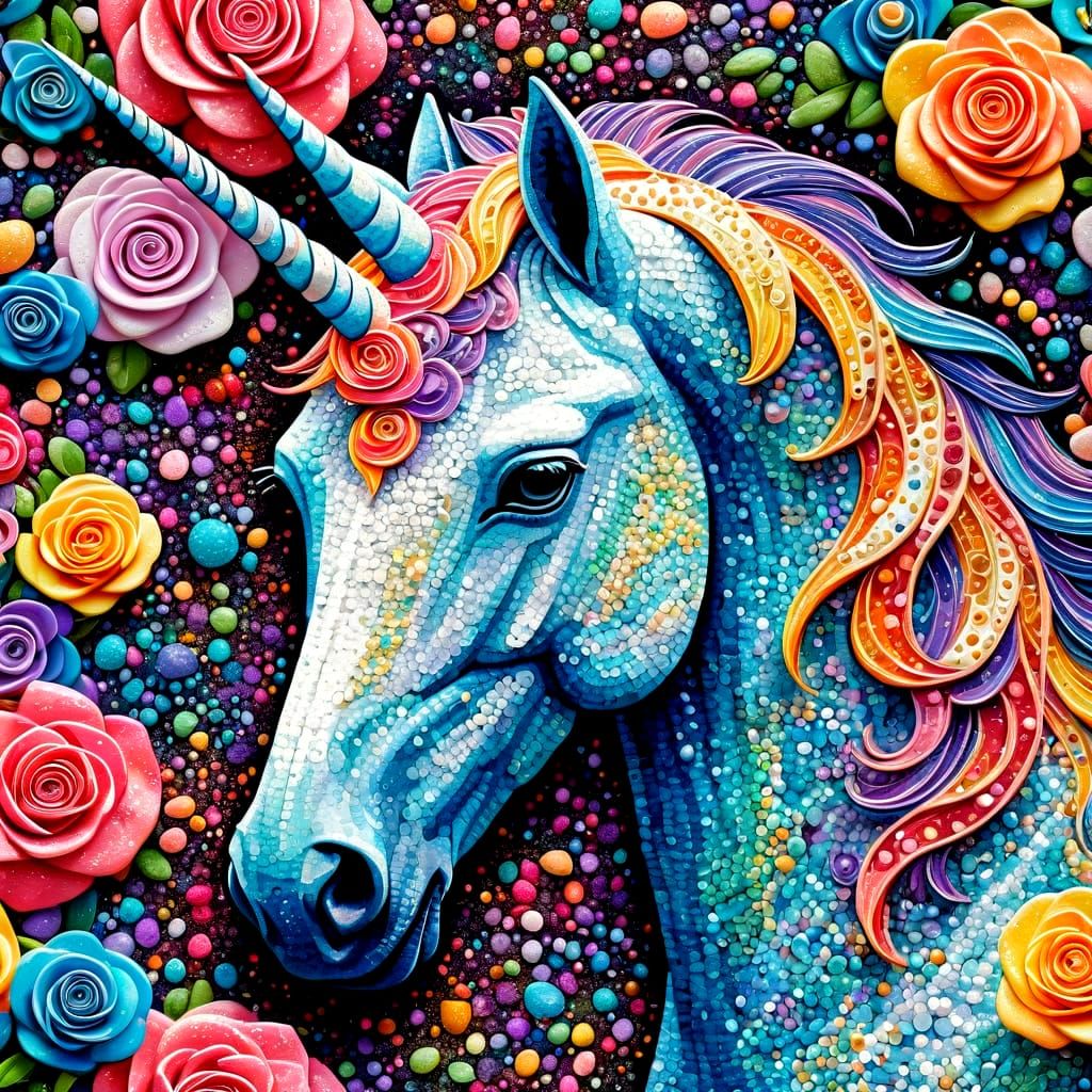 Vibrant Pointillism Unicorn in Exquisite Garden Setting
