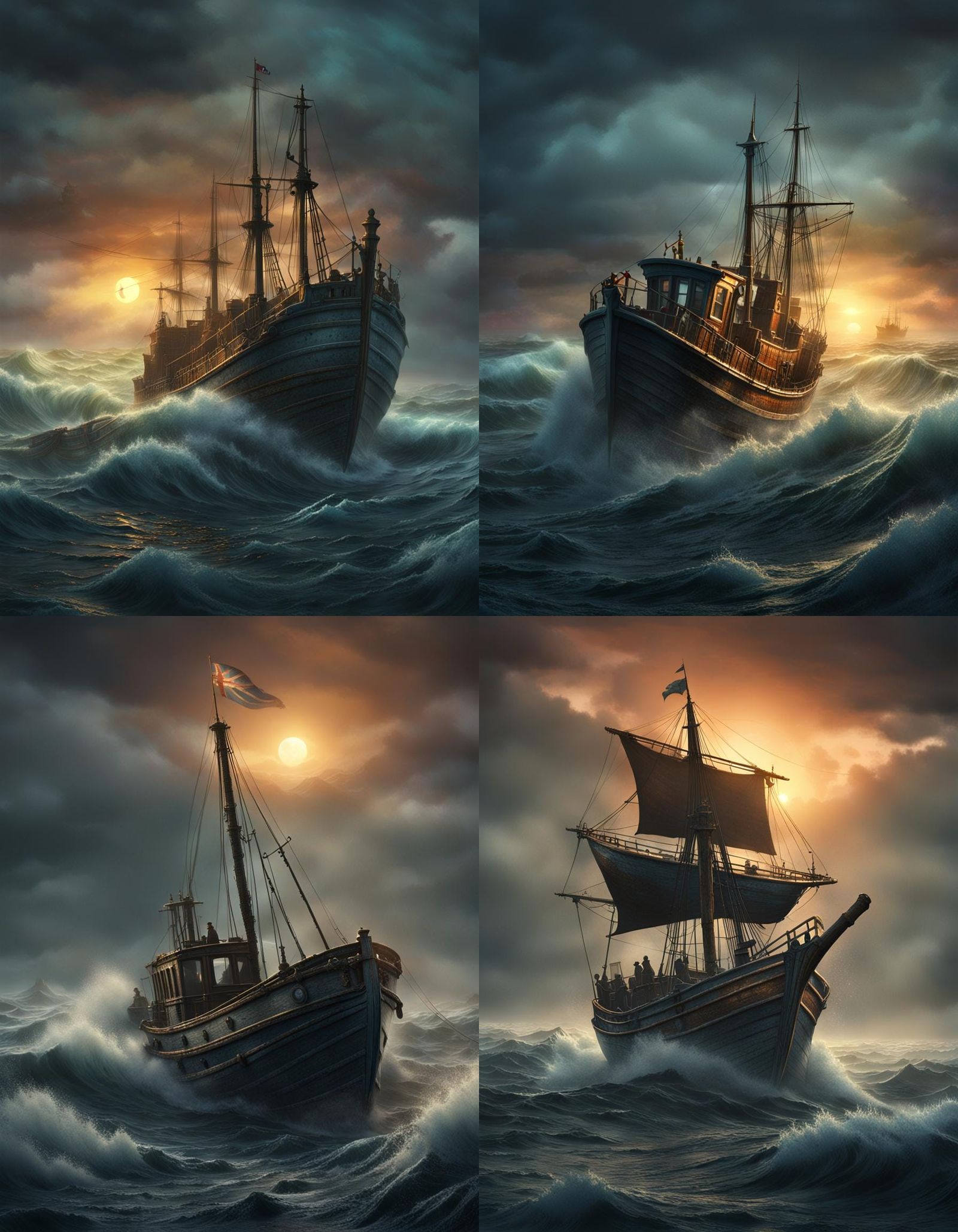 Surreal Victorian Fishing Boat at Sunset, Detailed Matte Pai...