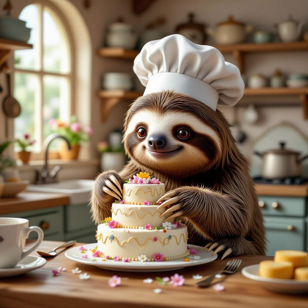 Cartoon Sloth Chef Decorates Cake in Storybook Kitchen