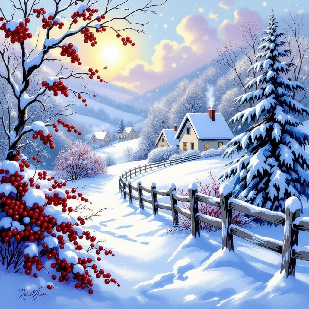 Magical Christmas Village Landscape with Snow and Berries