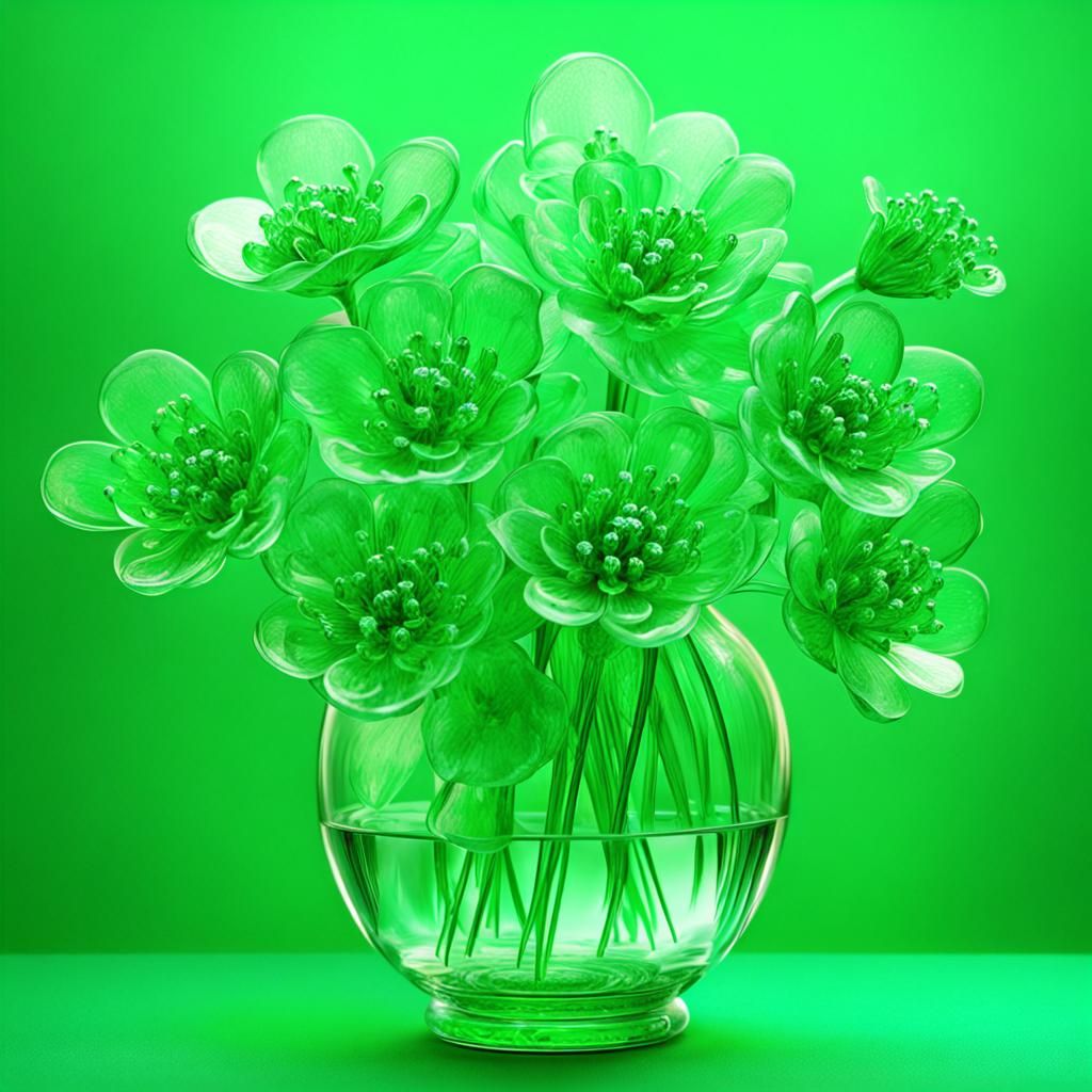 Luminous Green Crystal Flowers in Glass Vase