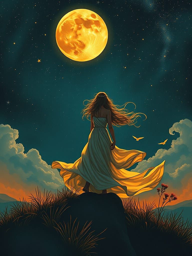 Woman Soaring Through Starry Night Sky