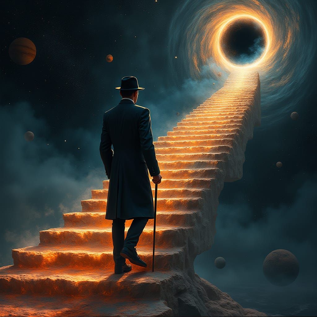 Elegant Gentleman Ascends Staircase of Celestial Bodies in S...