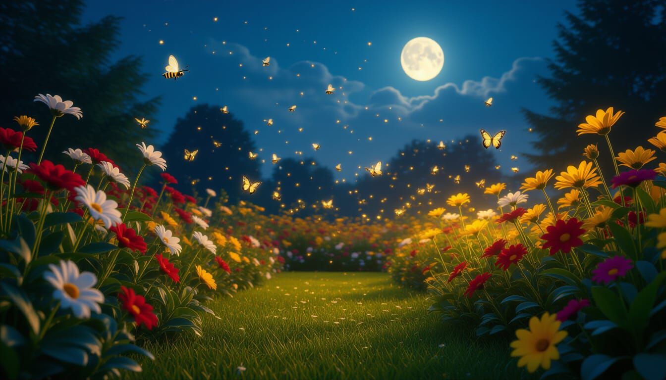 Dreamy Night Garden with Golden Light