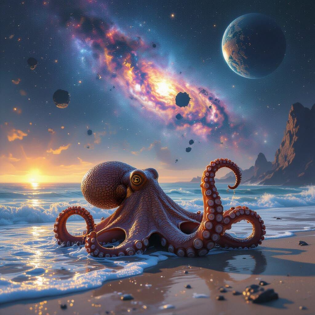 Cosmic Octopus Emerges Onto Shore Under Nebula Sky