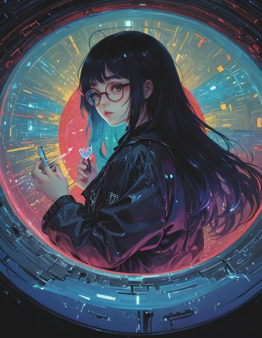 Anime Girl with Chrome Heart in Neon Style