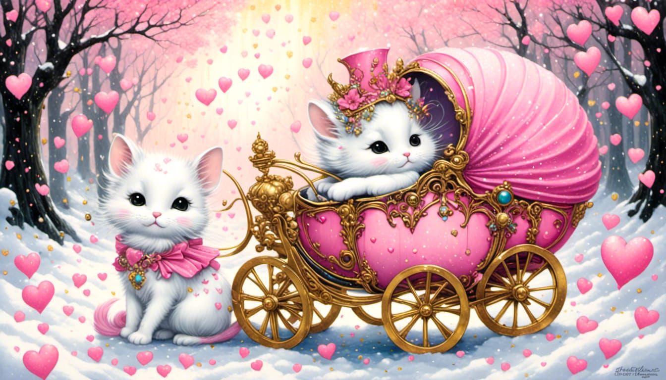 <lora:mouse:1.0> <lora:dreamy:1.0> chibi cat surrounded by pink hearts snowy forest lady gold carriage