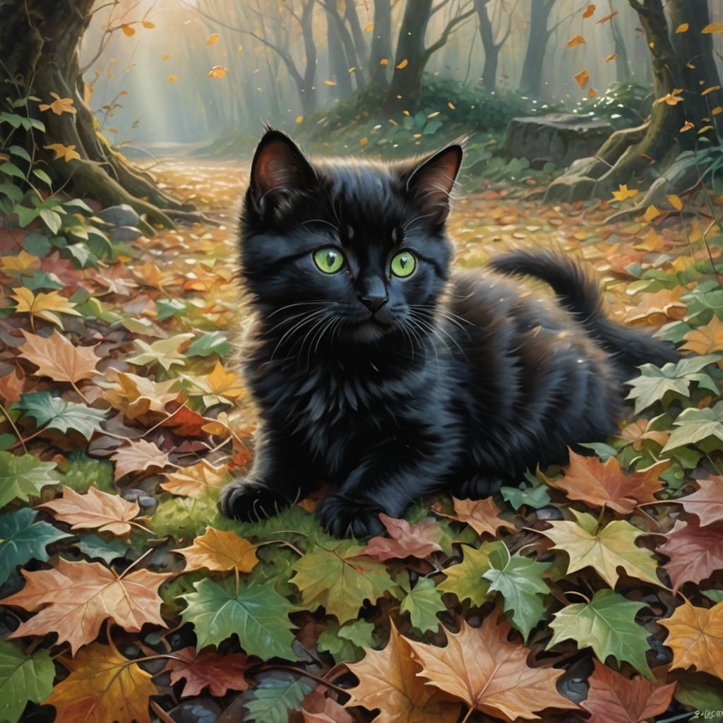 Black Kitten in Autumn Leaves: Ethereal Oil Painting