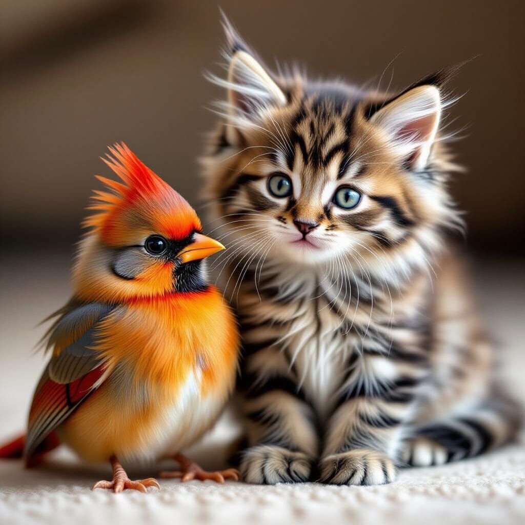Fluffy Kitten with Fuzzy Baby Cardinal Companion