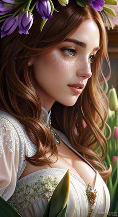 Portrait of a Girl with Tulips: Hyperrealistic Oil Painting