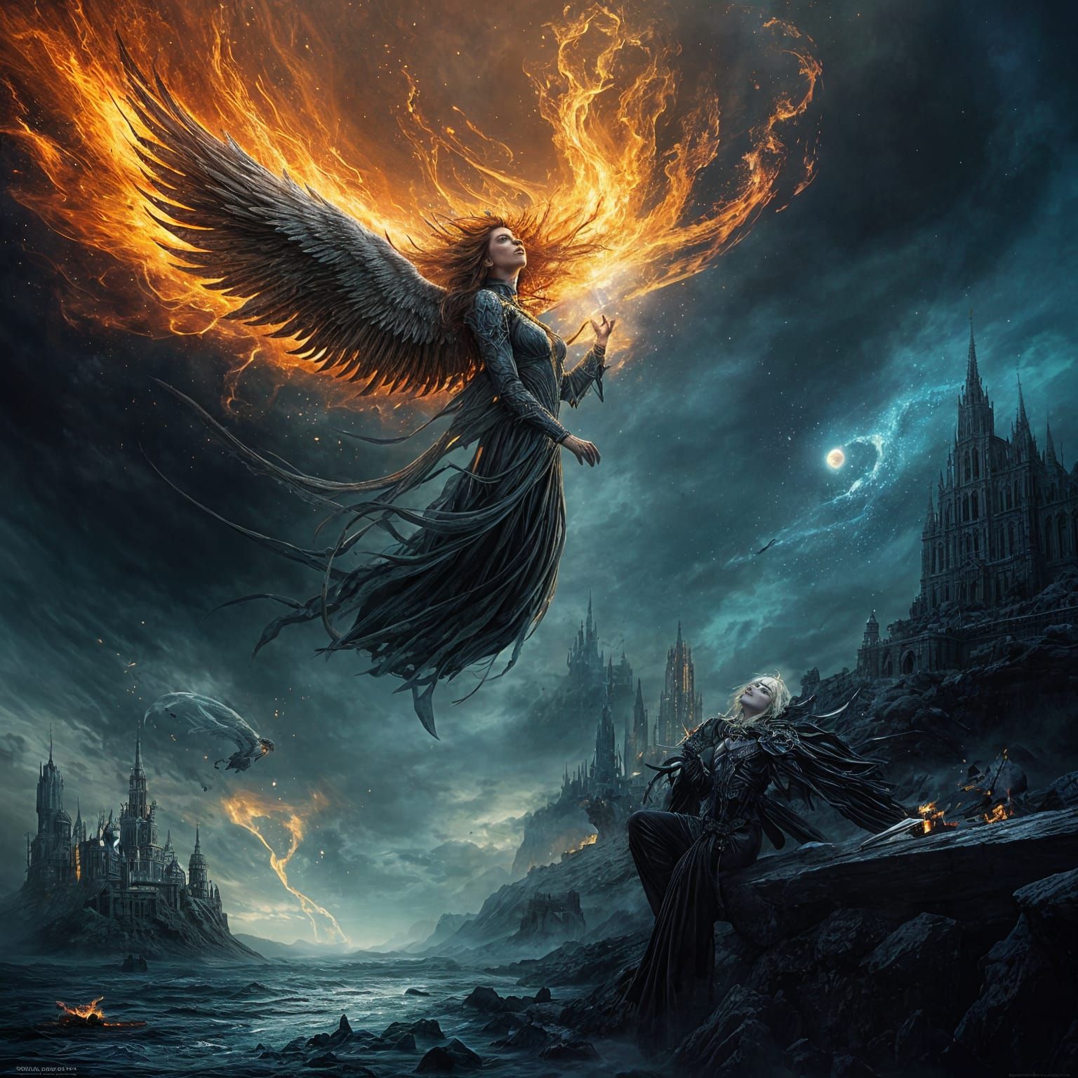 Surreal Angel of Death Soars Through Galaxy in Fiery Armor