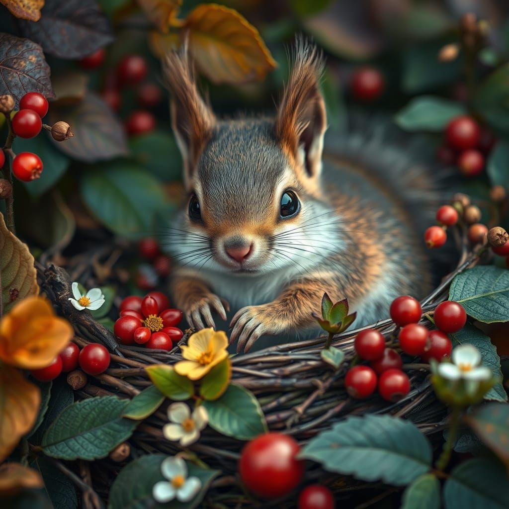 Whimsical Squirrel Nest in Vibrant Leafy Paradise