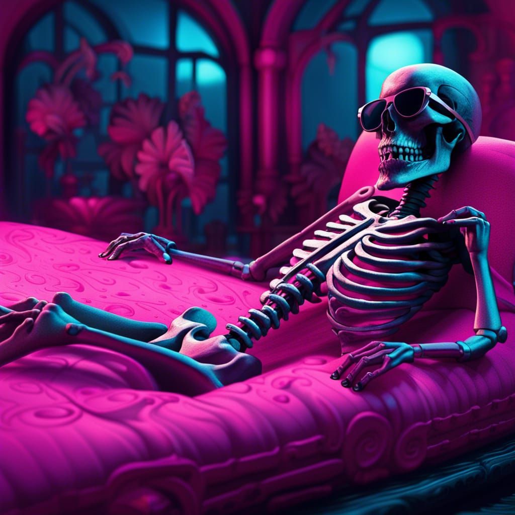 Skeleton Sunbathing in Pool in Noir Style