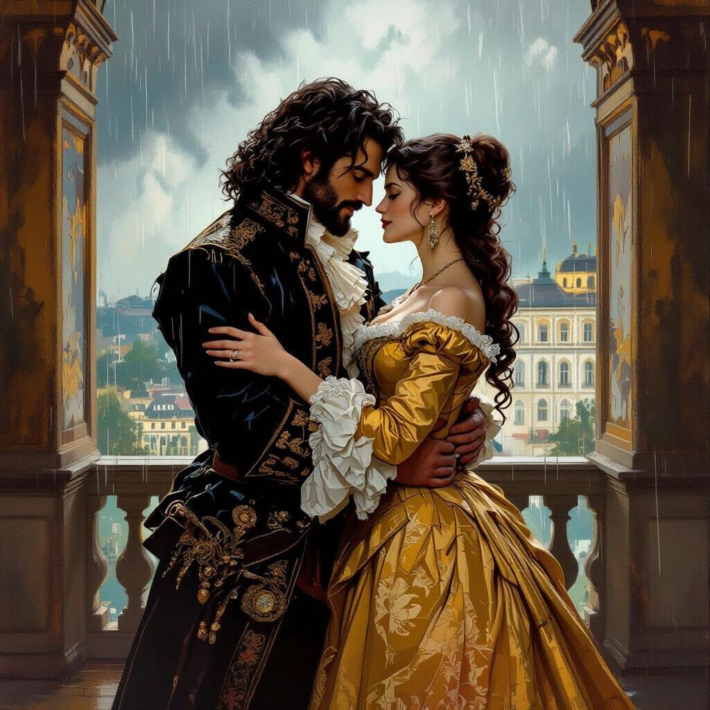 Passionate Embrace During Summer Storm in Baroque Style