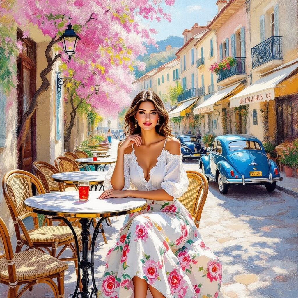 Mediterranean Cafe Scene in Impressionist Style