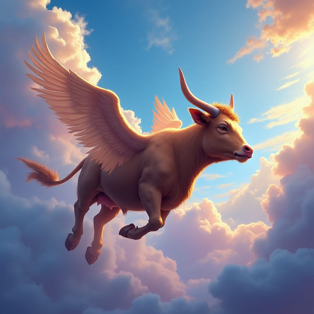 Winged Cow Soaring in Dreamlike Sky