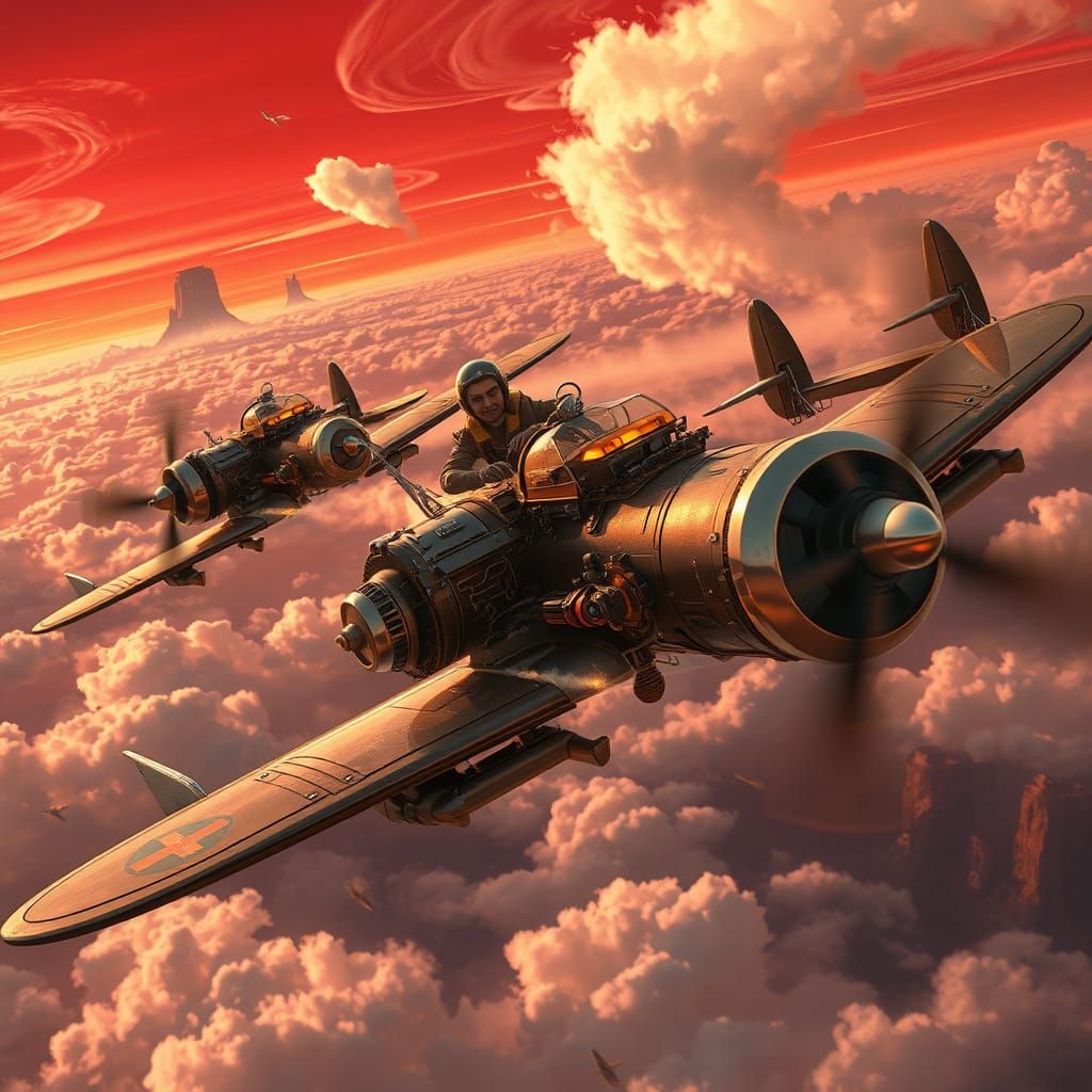 Steampunk Pilots Soar Through Crimson Skies in 3D Anime Art