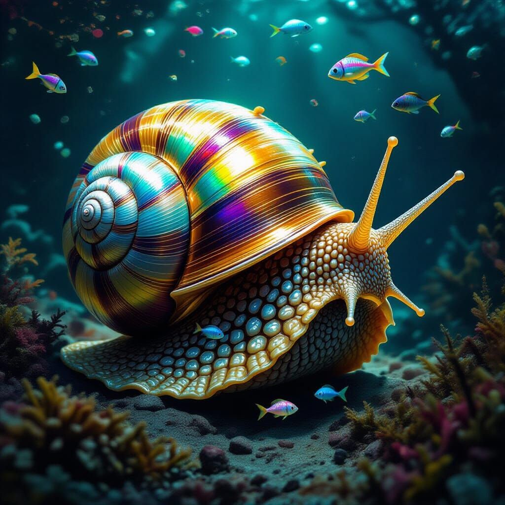 Underwater Scene: Golden Snail, Crab and Mermen