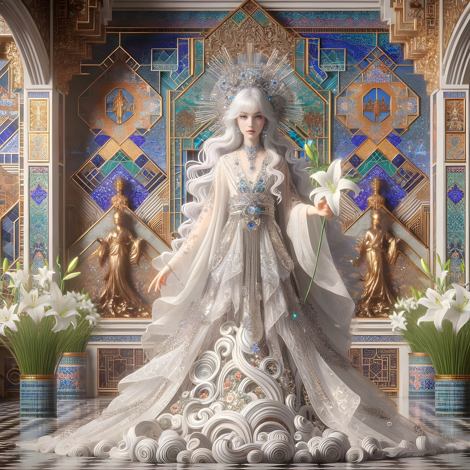 A statuesque geisha with flowing, curled white hair