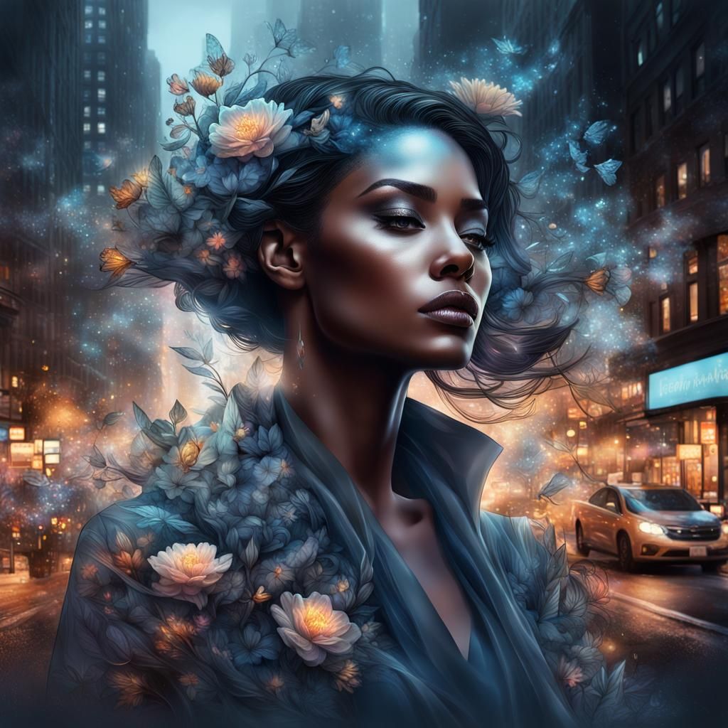 Fantasy Woman in Smoky New York Night, Digital Art