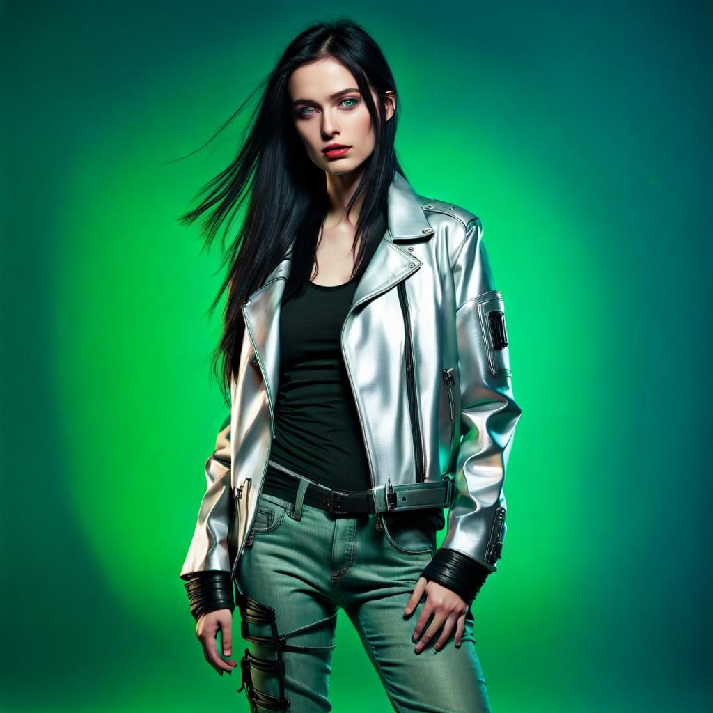 Cyberpunk Portrait of Woman with Silver Jacket