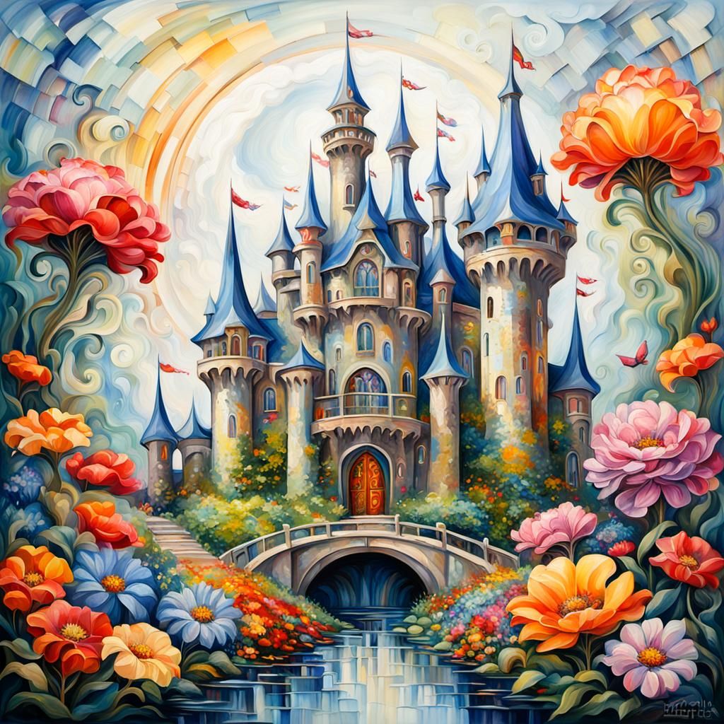 Art Nouveau Steampunk Castle with Colorful Flowers
