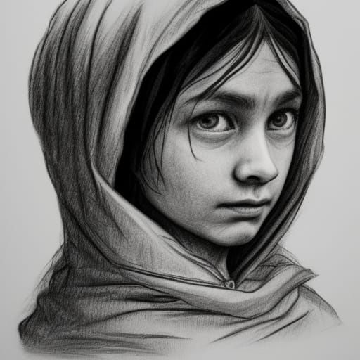 Peasant Girl with Hood: Hyperdetailed Pencil Sketch