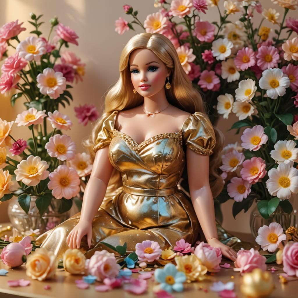 Plump Barbie Doll Among Flowers in Macro Photography