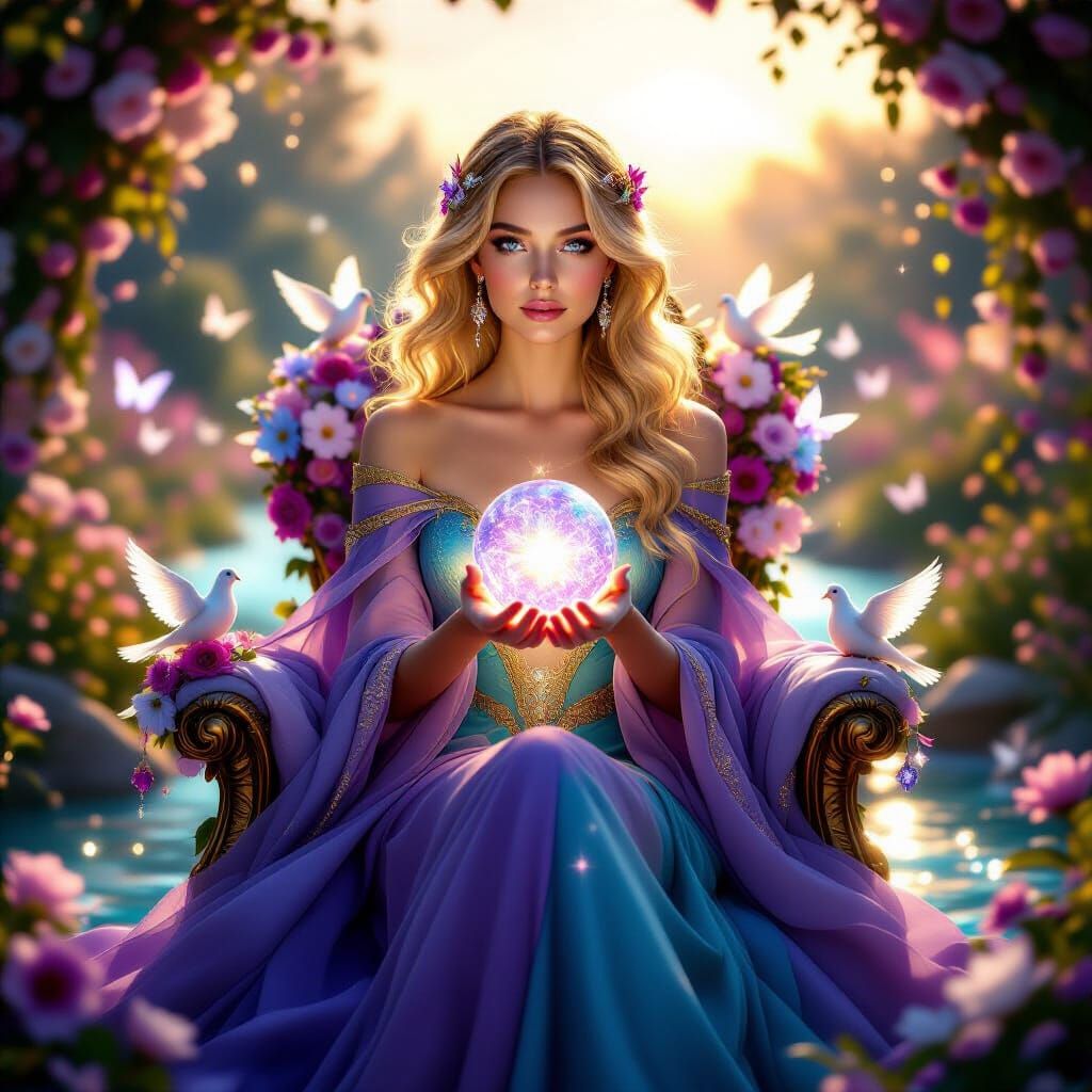 Ethereal Woman on Flower Throne, Fantasy Art