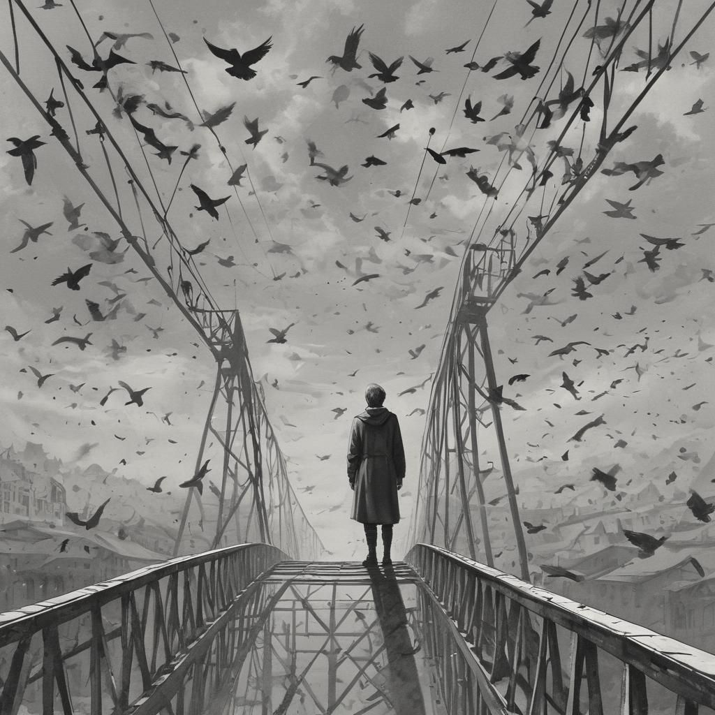 Man on Bridge in Surreal Medieval Art Style