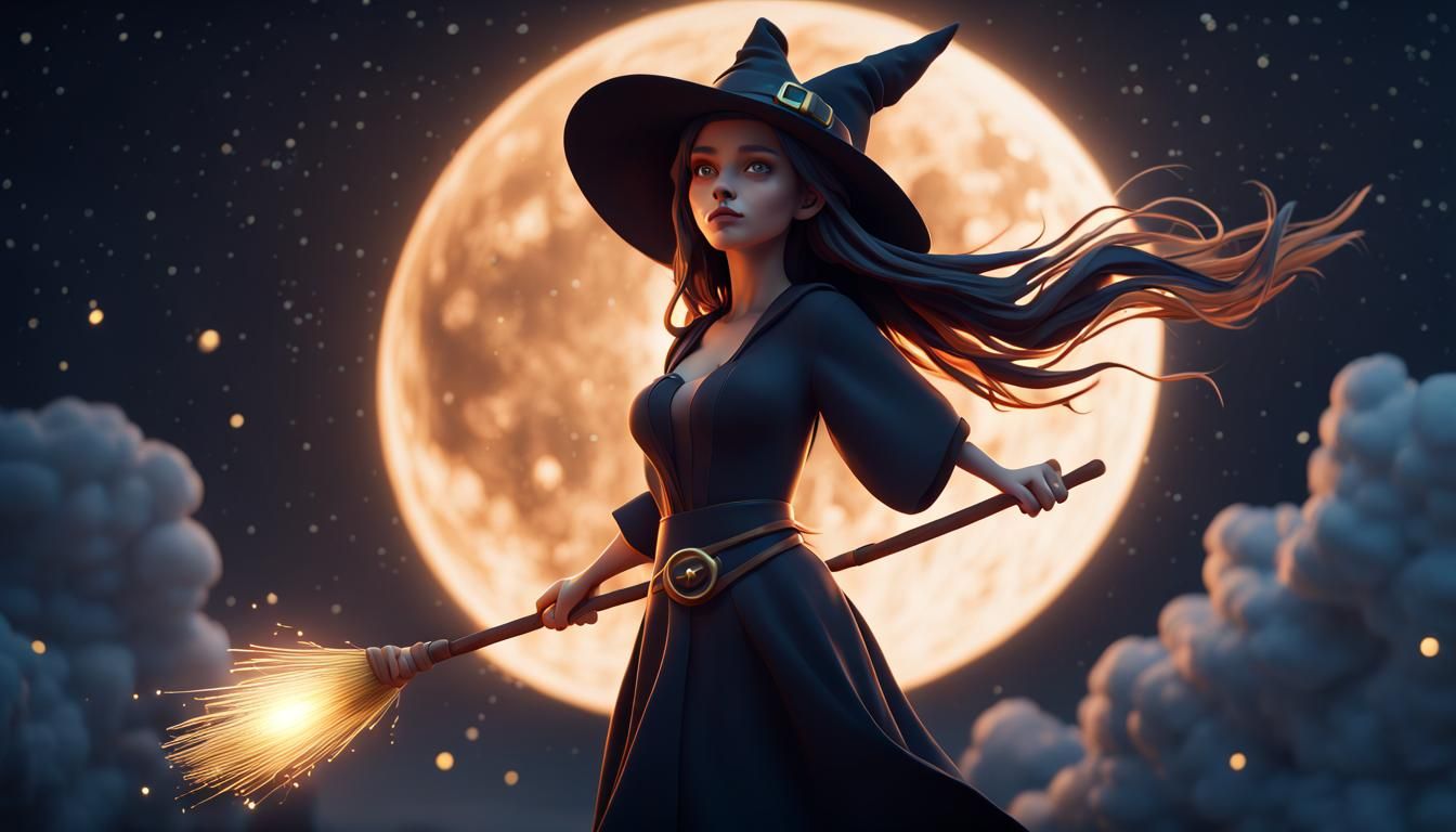 Futuristic Witch Flying with Golden Broom in 3D