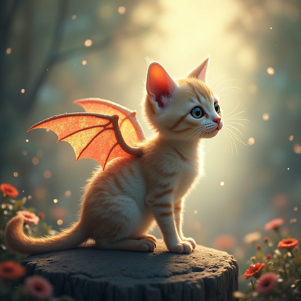 Whimsical Kitten Soars with Iridescent Dragon Wings in Dream...