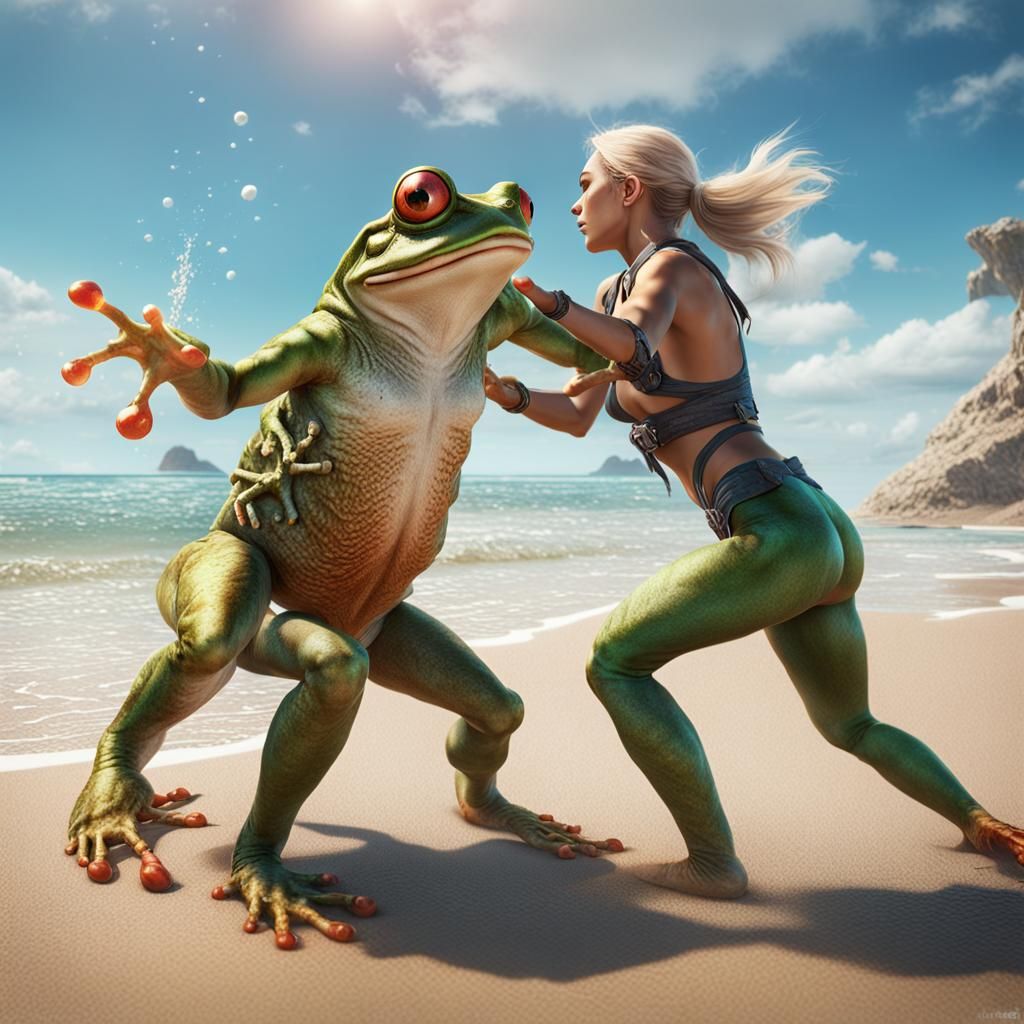 Women Fight Frog Creature on Sunny Beach