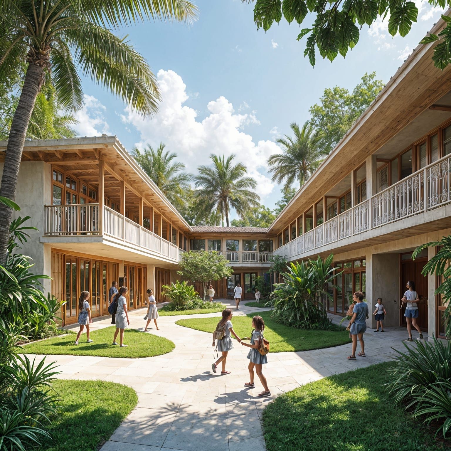 Caribbean-Inspired School Campus with Lush Greenery