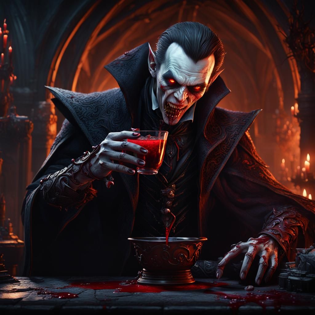 Fantastical Vampire Drinking Blood in Matte Painting