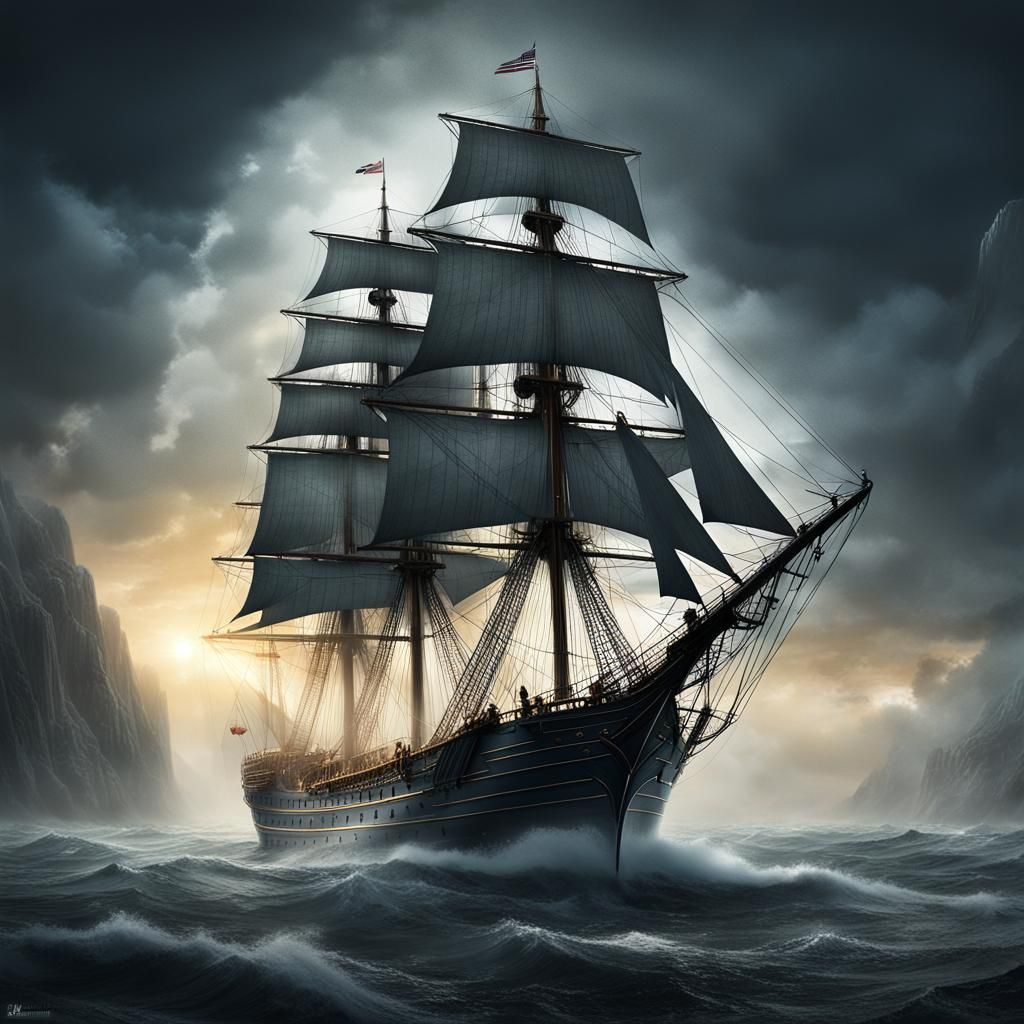 Majestic Sailor on Tall Ship, Grey Mist-Shrouded Sea