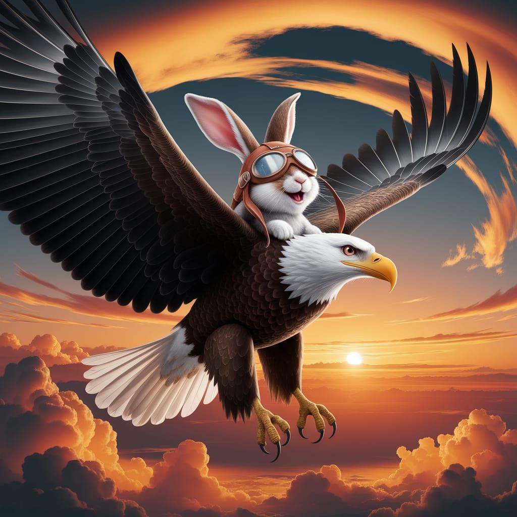 Eagle and Rabbit Soar Through Golden Sunset Sky