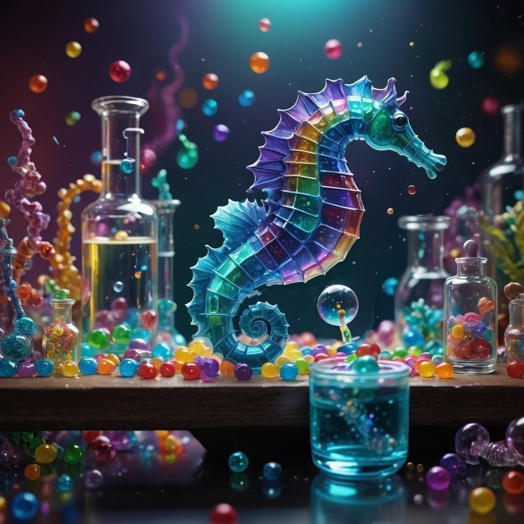Rainbow Seahorse in Science Lab: Detailed Digital Art