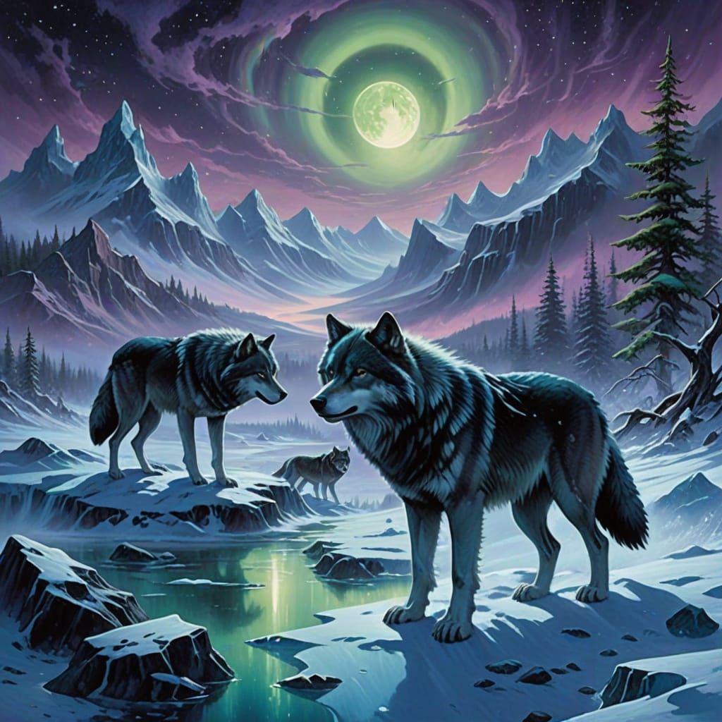 Dark Fantasy Wolves Howling at Crystalline Moon