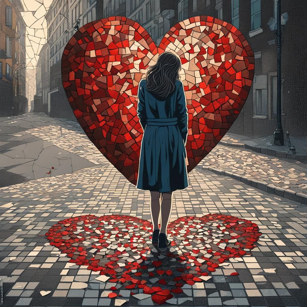 Shattered Heart Mosaic: Woman's Despair on Sidewalk