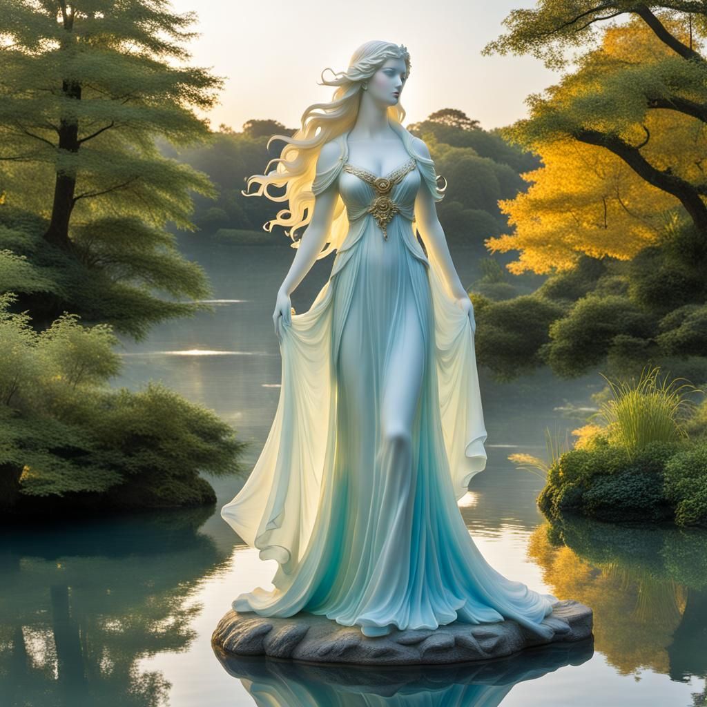 Elegant Glass Statue in Pond at Sunrise