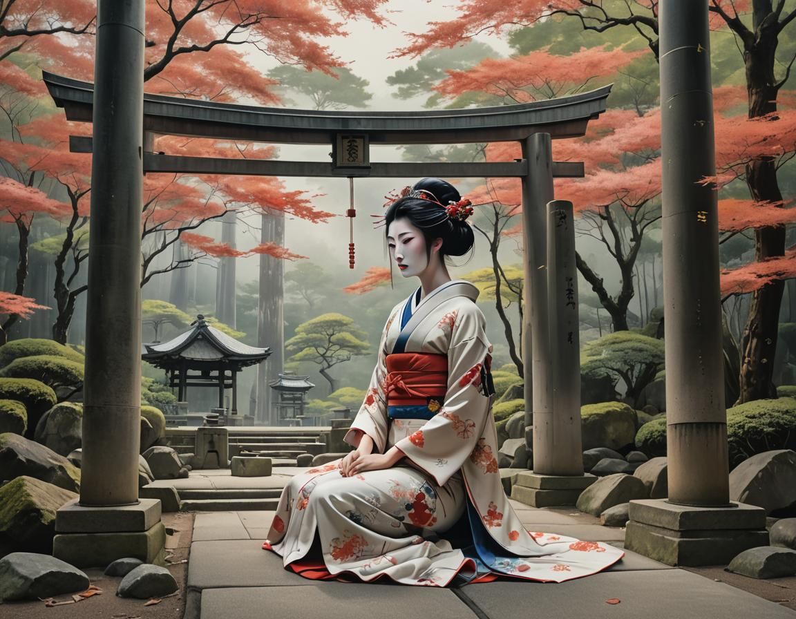 Geisha at Torii Shrine with Japanese Art Elements