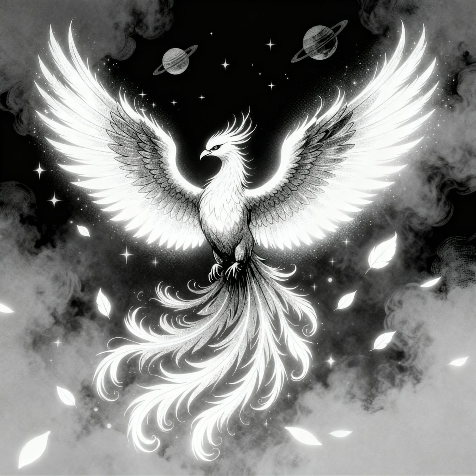 Luminous Phoenix in Smoky Cosmic Night Sky