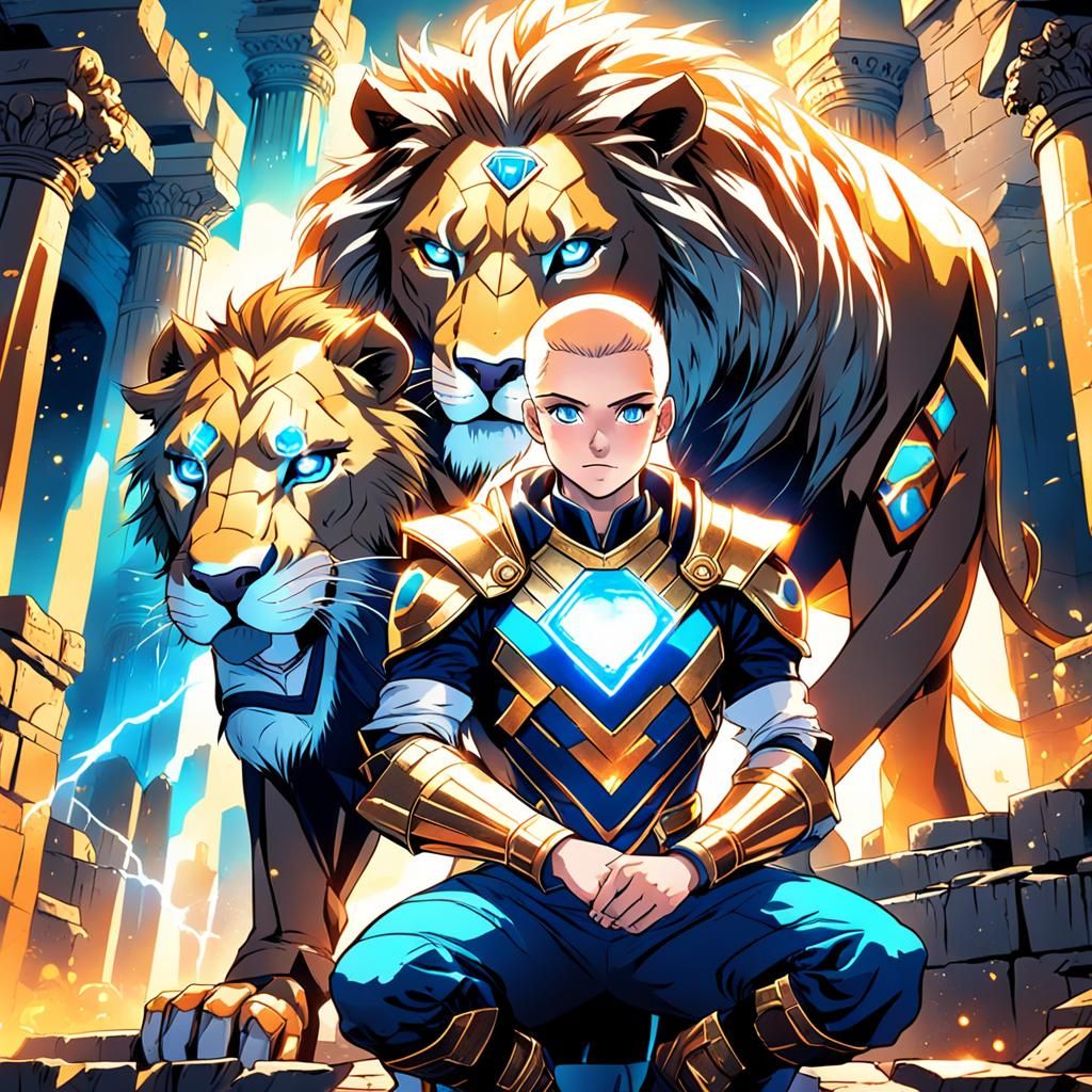Anime Superhero with Lion in Ancient Ruins