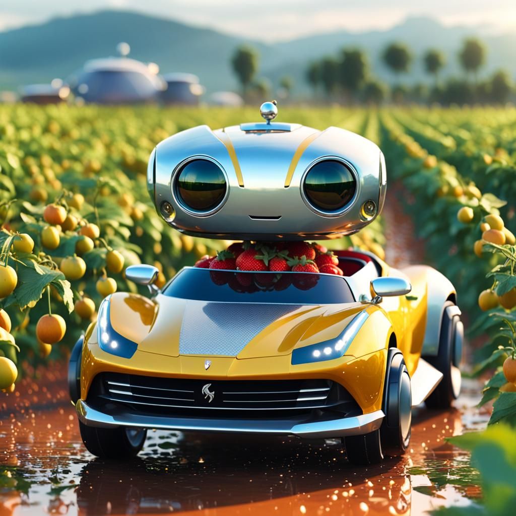 Futuristic Ferrari and Chibi Robot in Fruit Field