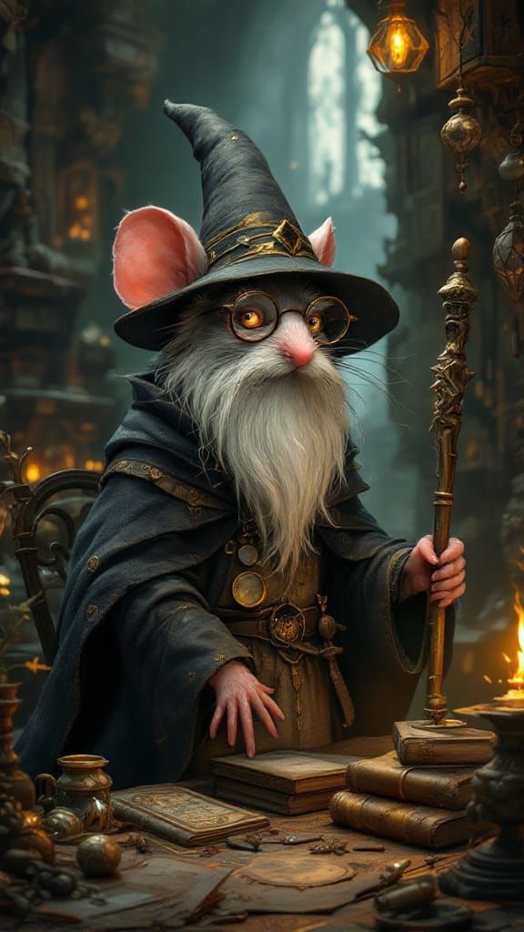 Wizard Mouse in Mystical Library
