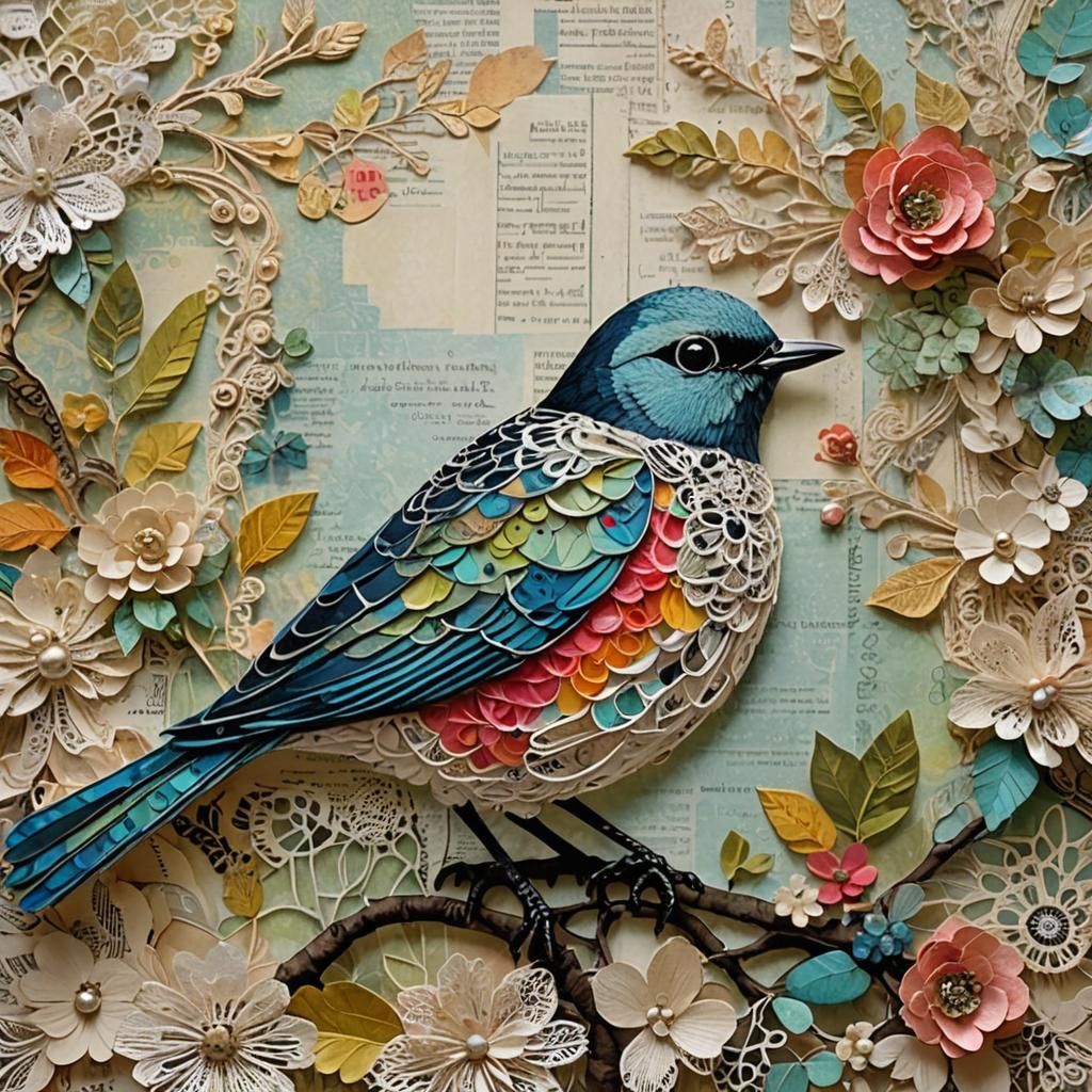 Mixed Media Paper Collage Painting of a Bird
