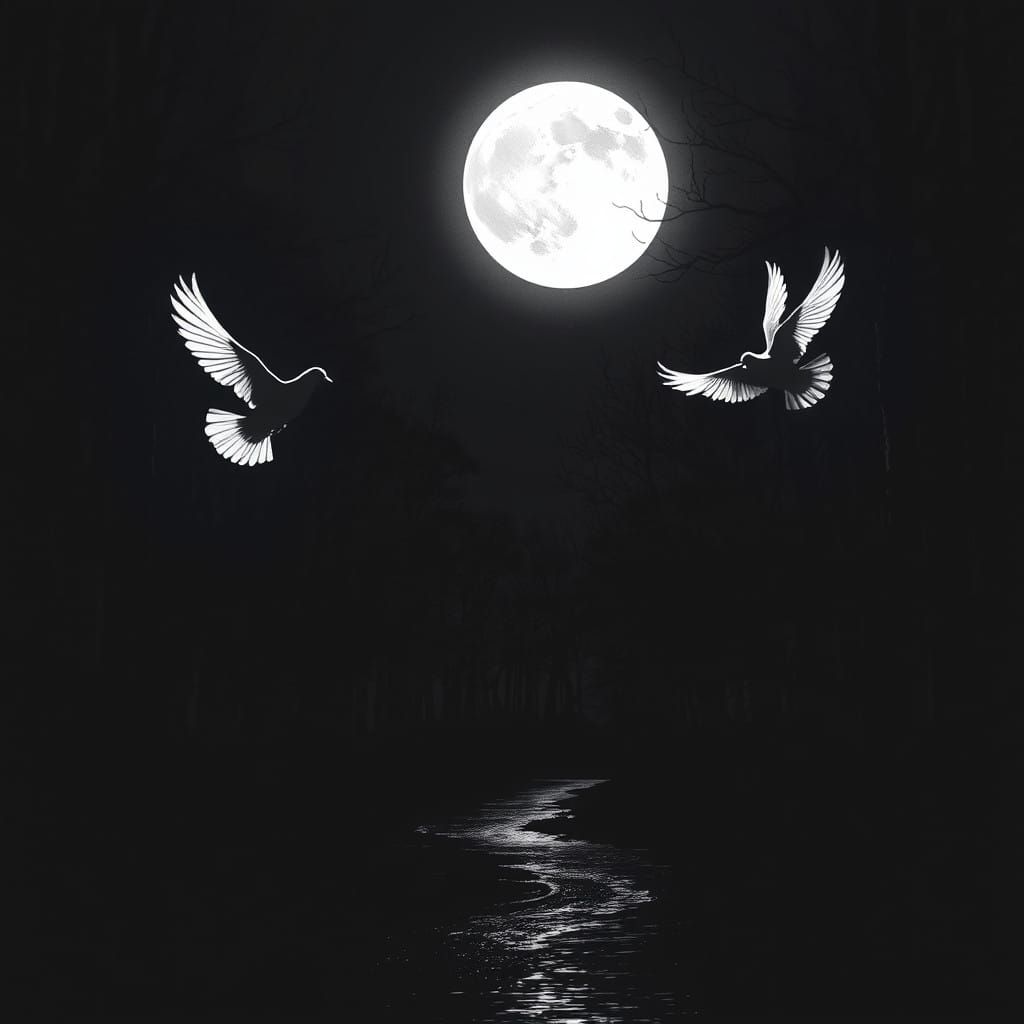 Surreal Black and White Doves in Forest at Night
