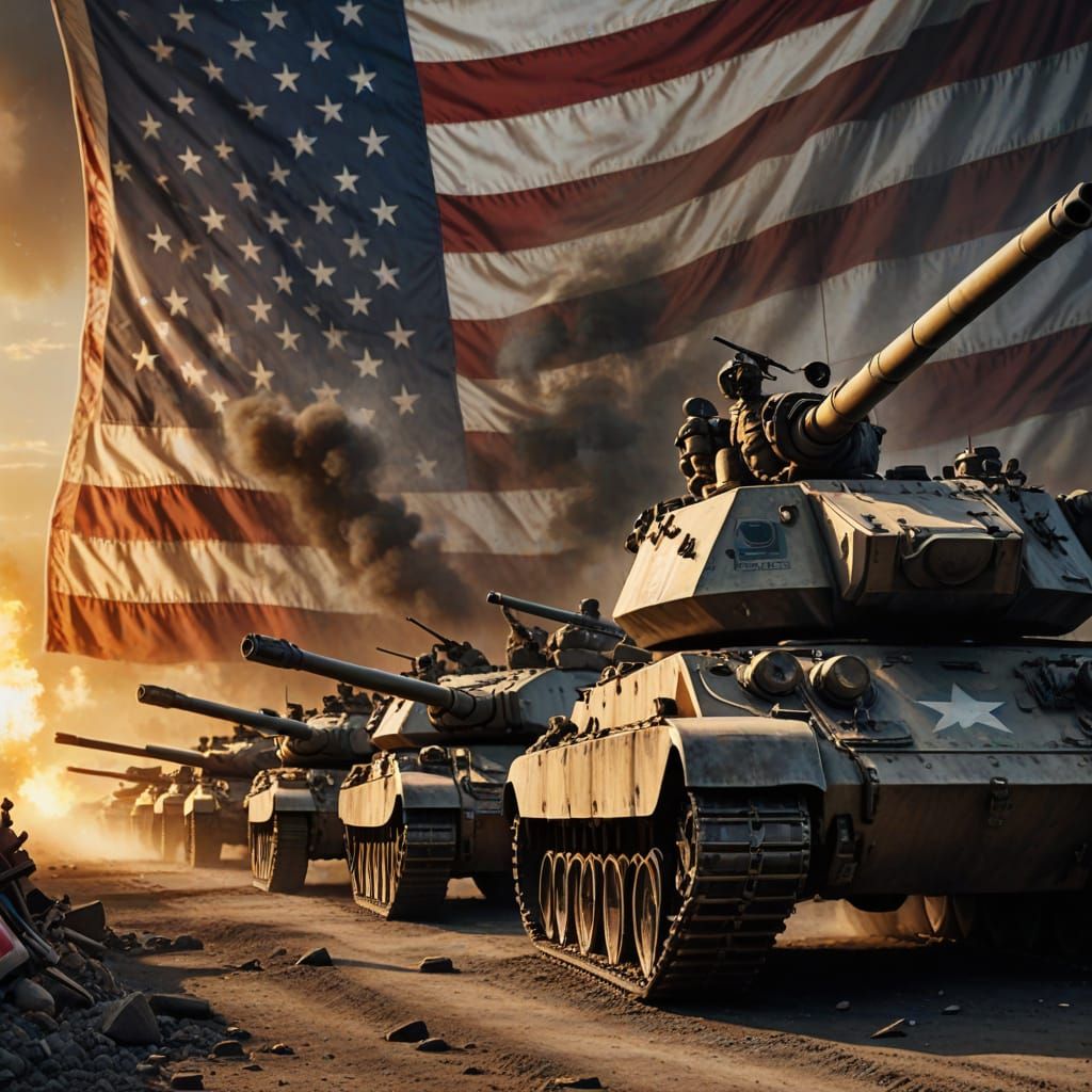 Realistic Tanks Before American Flag in Golden Hour Glow