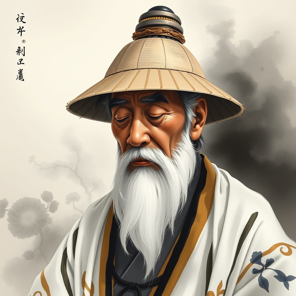 Serene Elderly Master Wu in Traditional Chinese Ink Wash Sty...